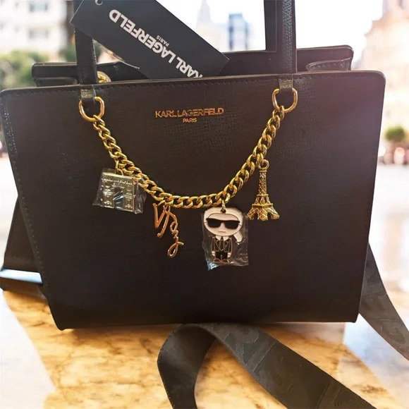 Karl Lagerfeld Paris Black Satchel with Gold Accents and Charms - Picture 3 of 7